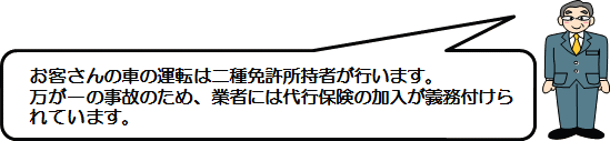 お客さんの車の運転は二種免許所持者が行います。万が一の事故のため、業者には代行保険の加入が義務付けられています。