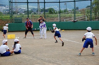 写真：宇津木監督が小学生にソフトボールを指導する様子