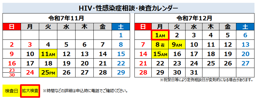 令和7年11月及び12月のHIV、性感染症の検査日程
