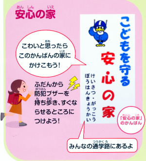 「こどもをまもるあんしんのいえ」のかんばん・みんなのつうがくろにあるよきけんをかんじたらこのかんばんのいえにかけこもう！ふだんか