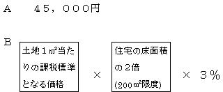 A・・・45,000円、B・・・土地1平方メートル当たりの課税標準となる価格×住宅の床面積の2倍（200平方メートル限度）×3％